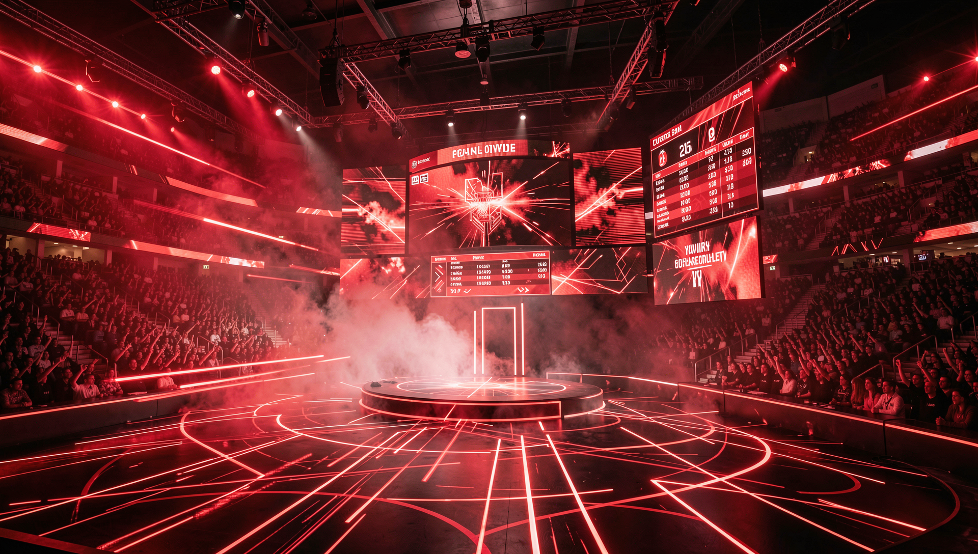 Crimson-lit arena scene capturing the live-score energy of TheScoreCazino